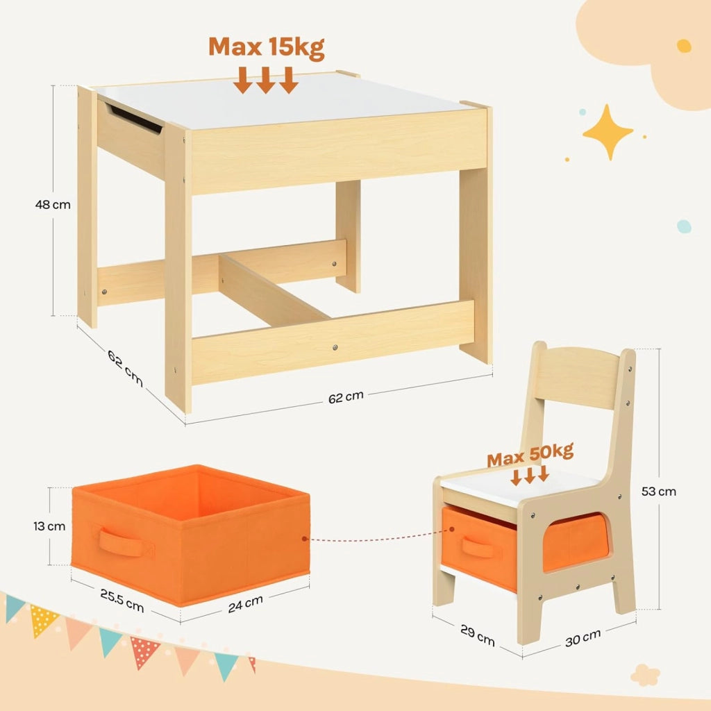 Set Mobili con Lavagna Contenitore Tavolo e Sedie per Bambini Soggiorno Tavolino con 2 Sgabelli in Legno