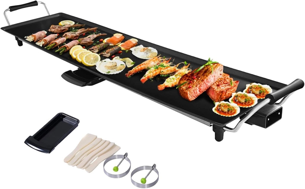 1800W Piastra Elettrica, Barbecue Elettrico con Temperatura Regolabile, Termostati e Vassoio di Sgocciolamento, Griglia Antiaderente (90 x 23 cm)