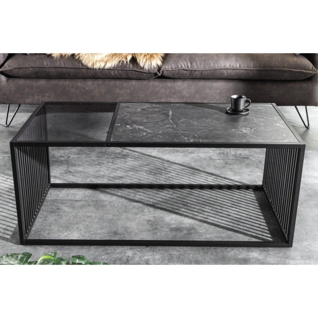 Tavolino basso ABITTA rettangolare 100 cm nero e vetro fumé – Moderno con piano misto MDF effetto marmo e vetro temperato