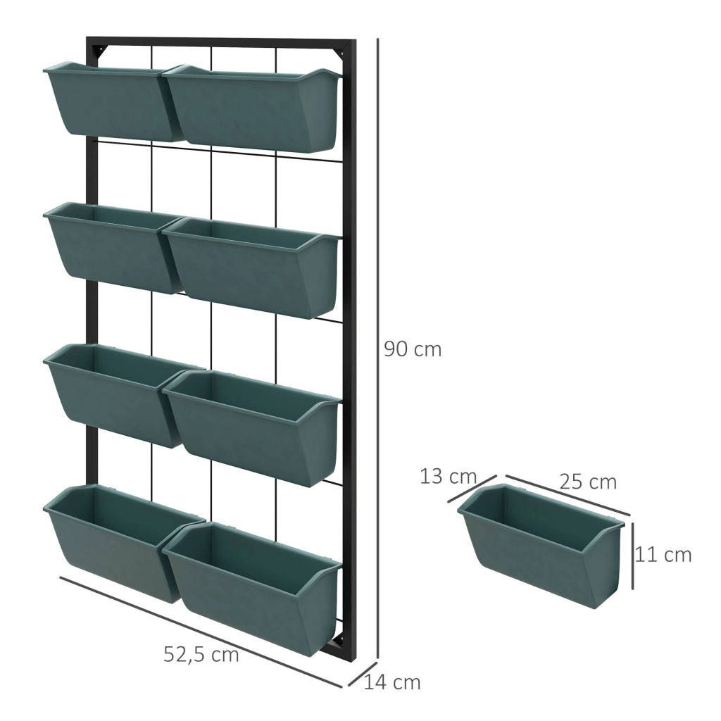 Portapiante da parete con 8 vasi, struttura in acciaio, nero, 52,5 x 14 x 90 cm
