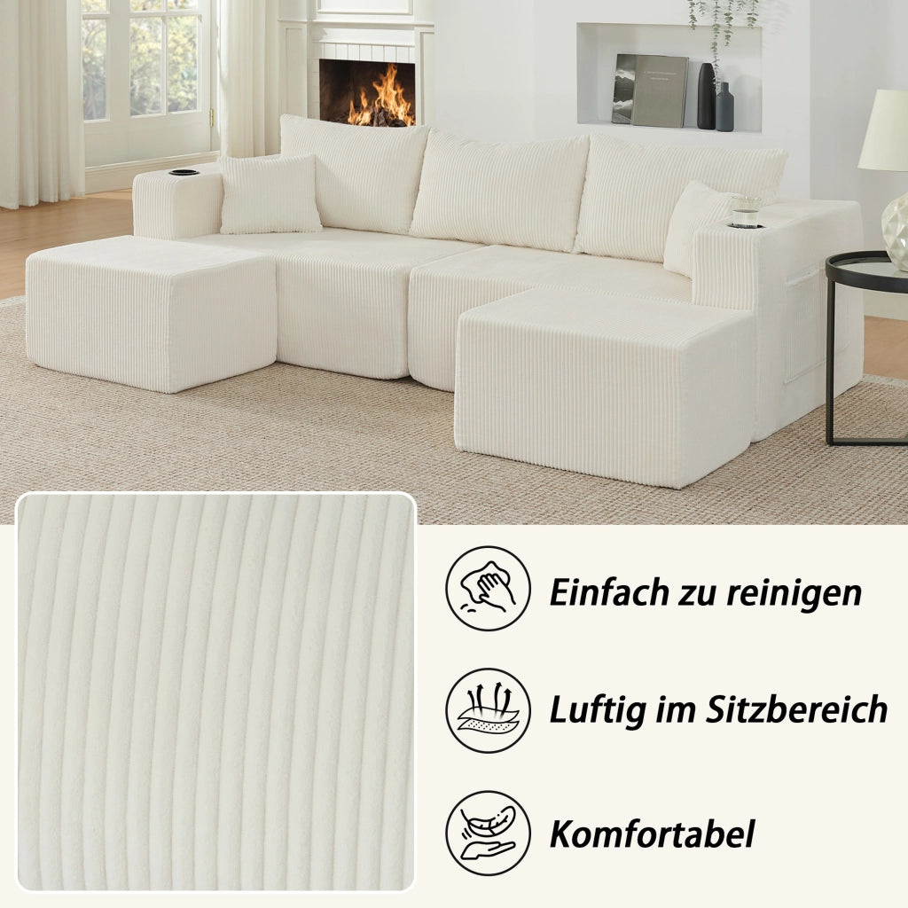 Divano angolare modulare 3 posti - con pouf mobili; portabicchieri e tasche - beige