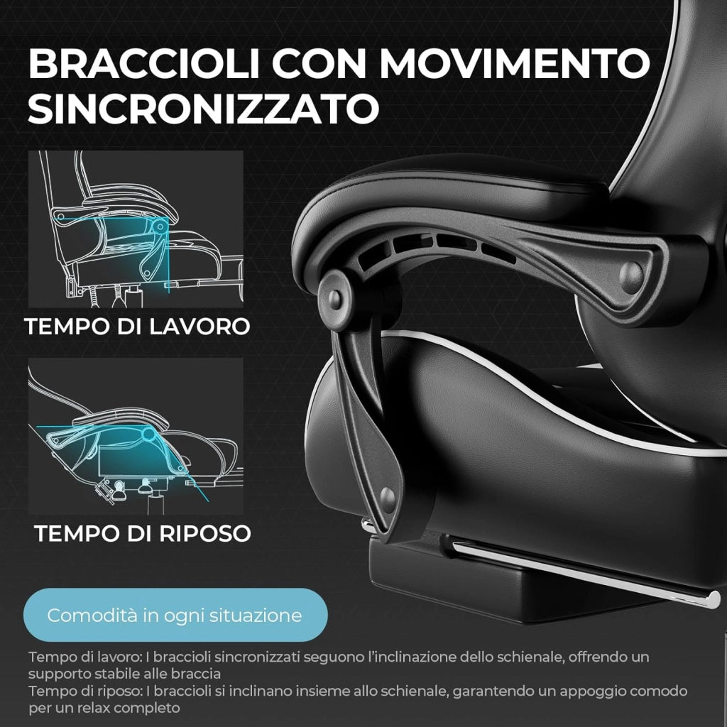 Sedia da Gaming Massaggiante ed Ergonomica con Schienale Regolabile, Poggiapiedi e Supporto Lombare - Reclinabile, Bianco