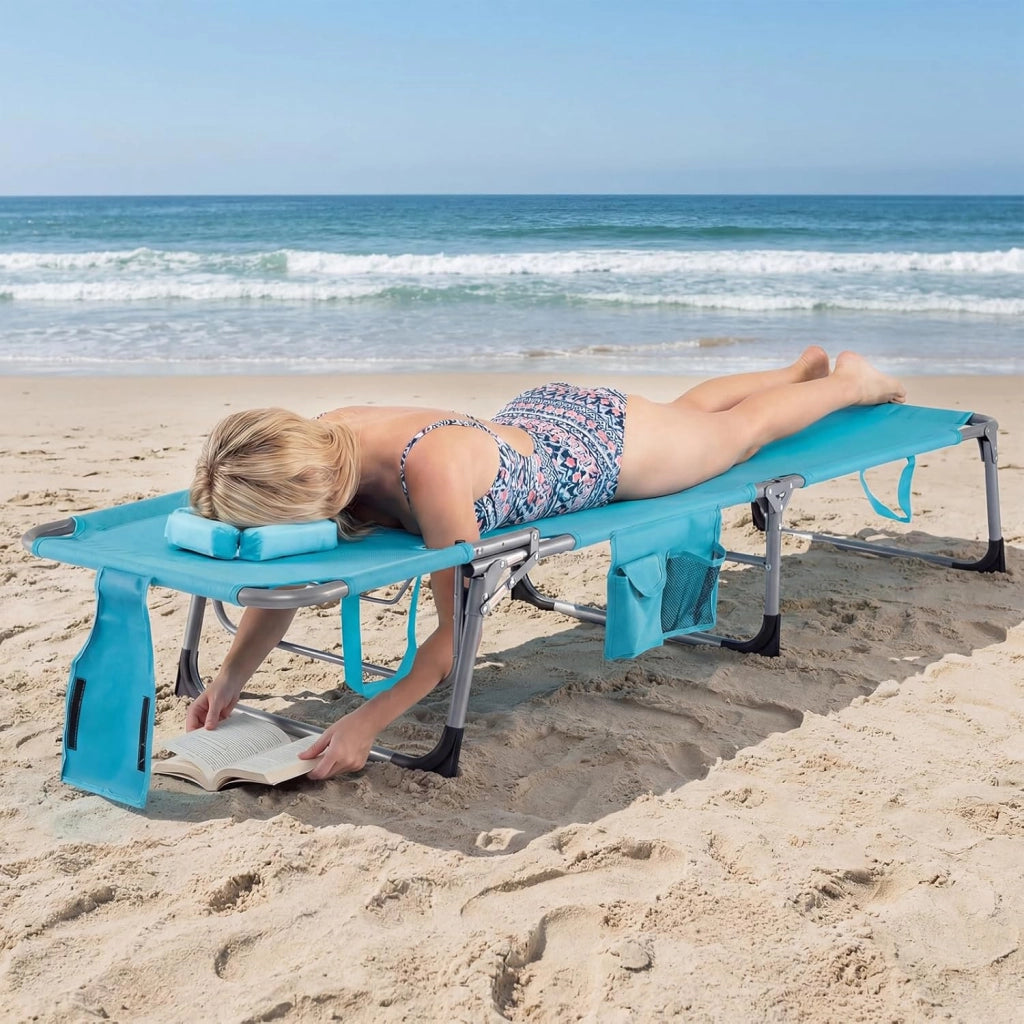 Lettino Prendisole da Spiaggia, Sdraio Mare Pieghevole Portatile con Foro per Viso e Braccia, Cuscino e Tasche Laterali, Schienale Regolabile 4 Posizioni, Portata 150 kg (Turchese)