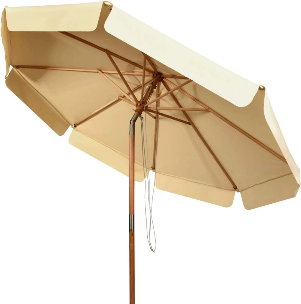 Ombrellone da Giardino 3 m Faggio, Regolabile 8 Montanti, Manovella 30° Inclinazione, Parasole Beige
