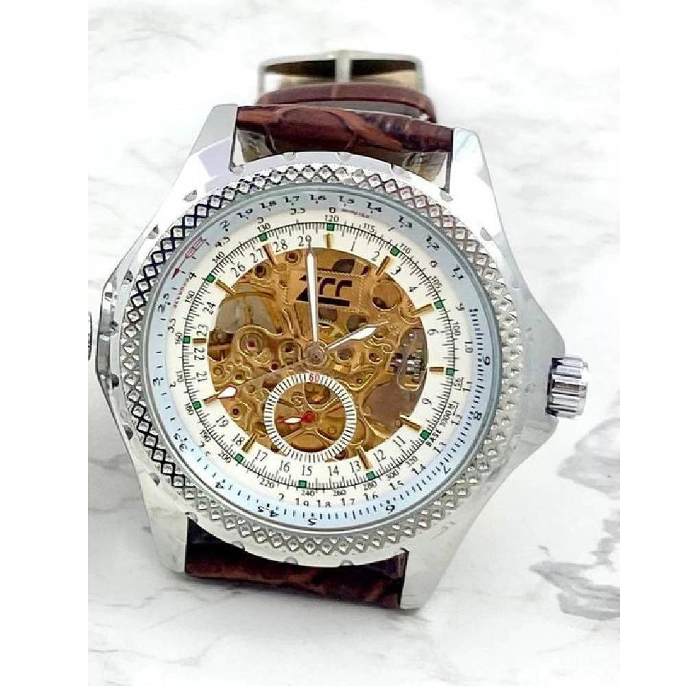 Trade Shop - Orologio Da Polso Zcc Uomo Movimento Automatico Cinturino Pelle Marrone Bianco -