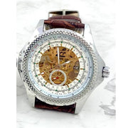 Trade Shop - Orologio Da Polso Zcc Uomo Movimento Automatico Cinturino Pelle Marrone Bianco -