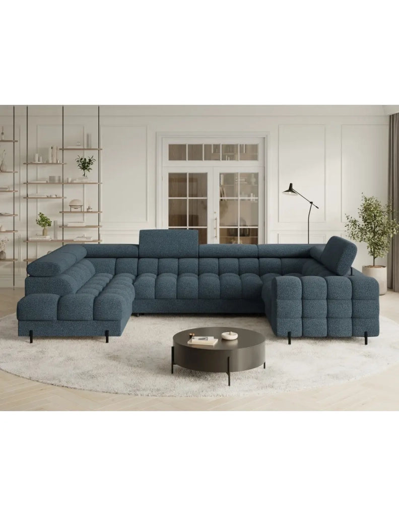 Divano panoramico convertibile FACTORY 3 posti blu melange – angolo sinistro con contenitore