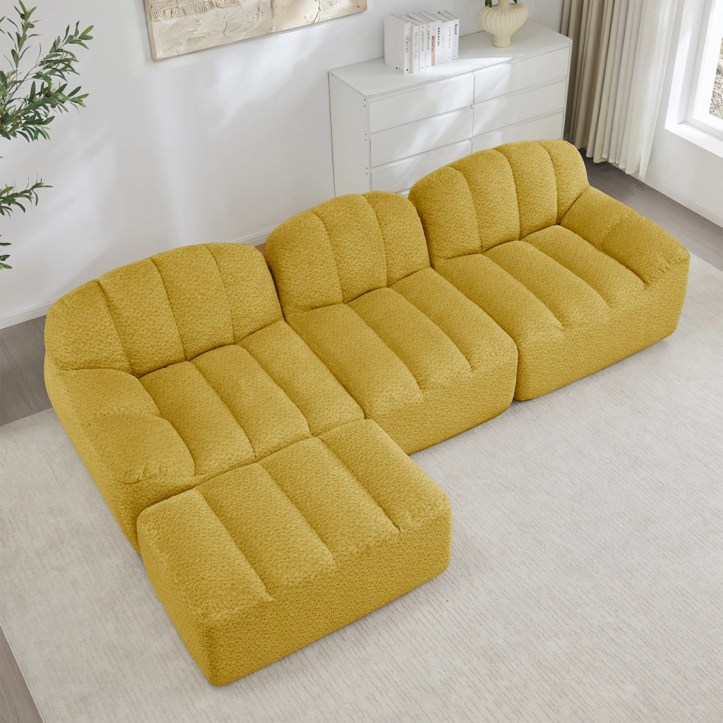 Divano Angolare 3 Posti con Ottoman ¨C MINIMAL ¨C Tessuto Morbido Giallo, Modulare