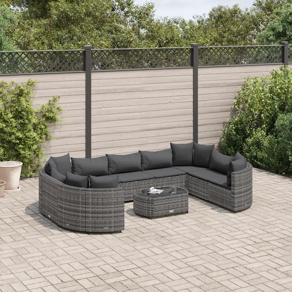 Set Divano da Giardino 10 pz con Cuscini Grigio in Polyrattan