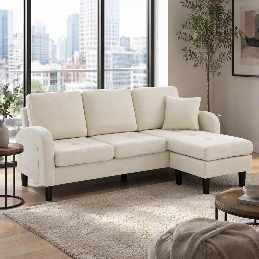 Divano angolare reversibile 3 posti con chaise longue, design modulare, in schiuma e tessuto, Beige chiaro