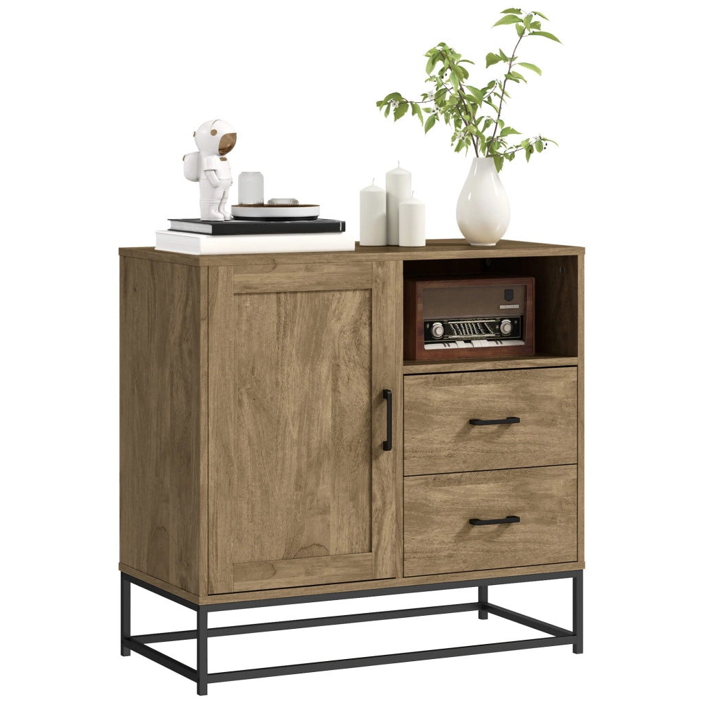 Credenza Mobile Basso Multiuso Armadietto Cassetti e Vani a Giorno  80x40x78 cm in Legno e Acciaio Marrone