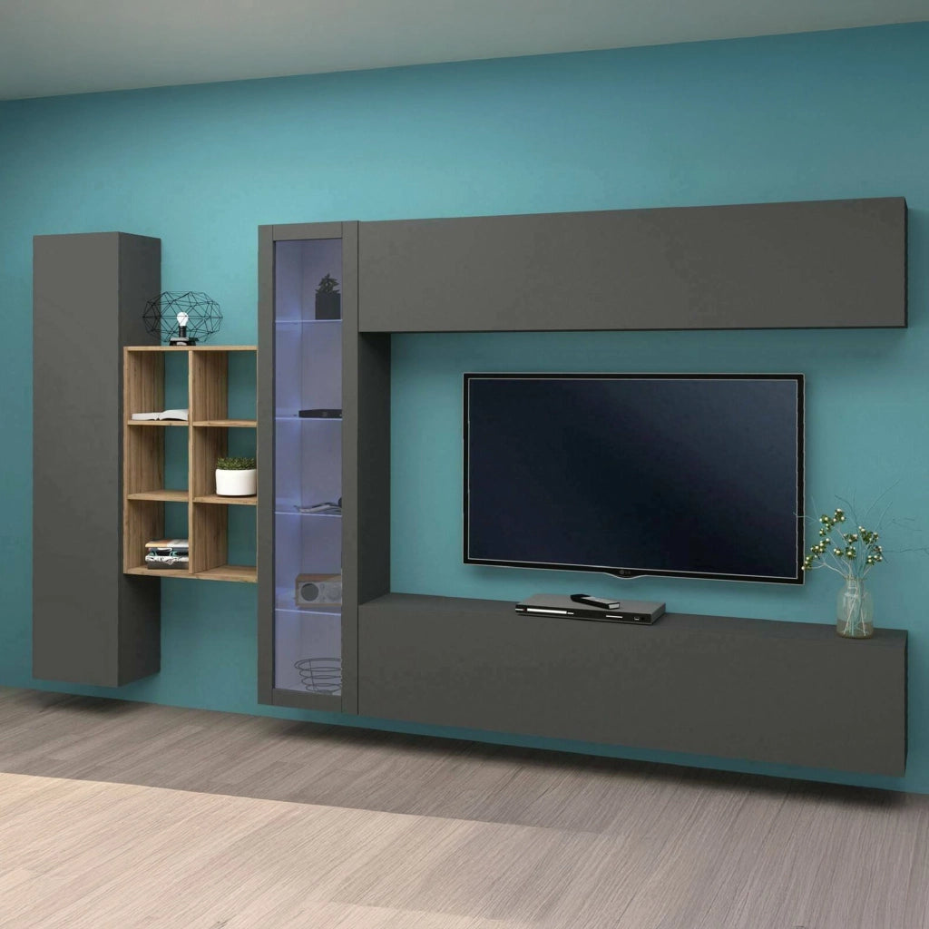 Mobile Soggiorno Alessano, Parete Attrezzata 17 Ripiani Made in Italy, 280x30x180h cm Nero Antracite