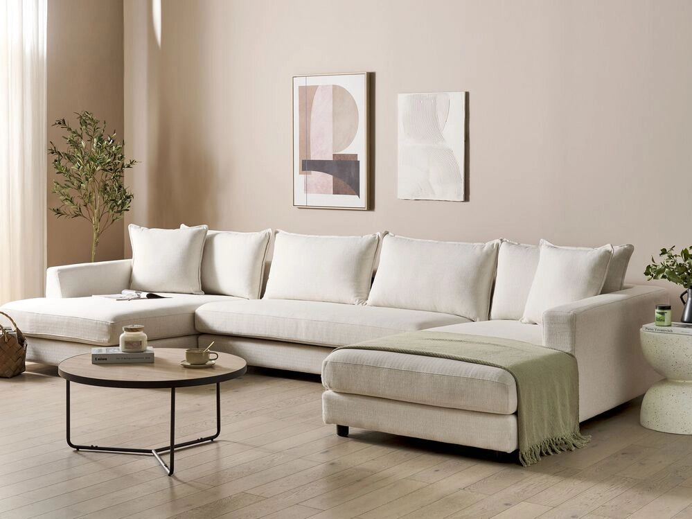 Divano ad angolo Beige Chiaro Tappezzato in poliestere Moderno a U 5 posti con pouf Cuscini extra Schienale imbottito