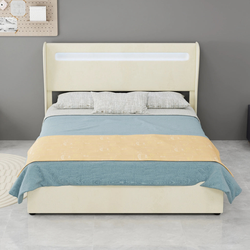 Letto imbottito con testiera regolabile e LED multicolore; 140 x 200 cm; beige