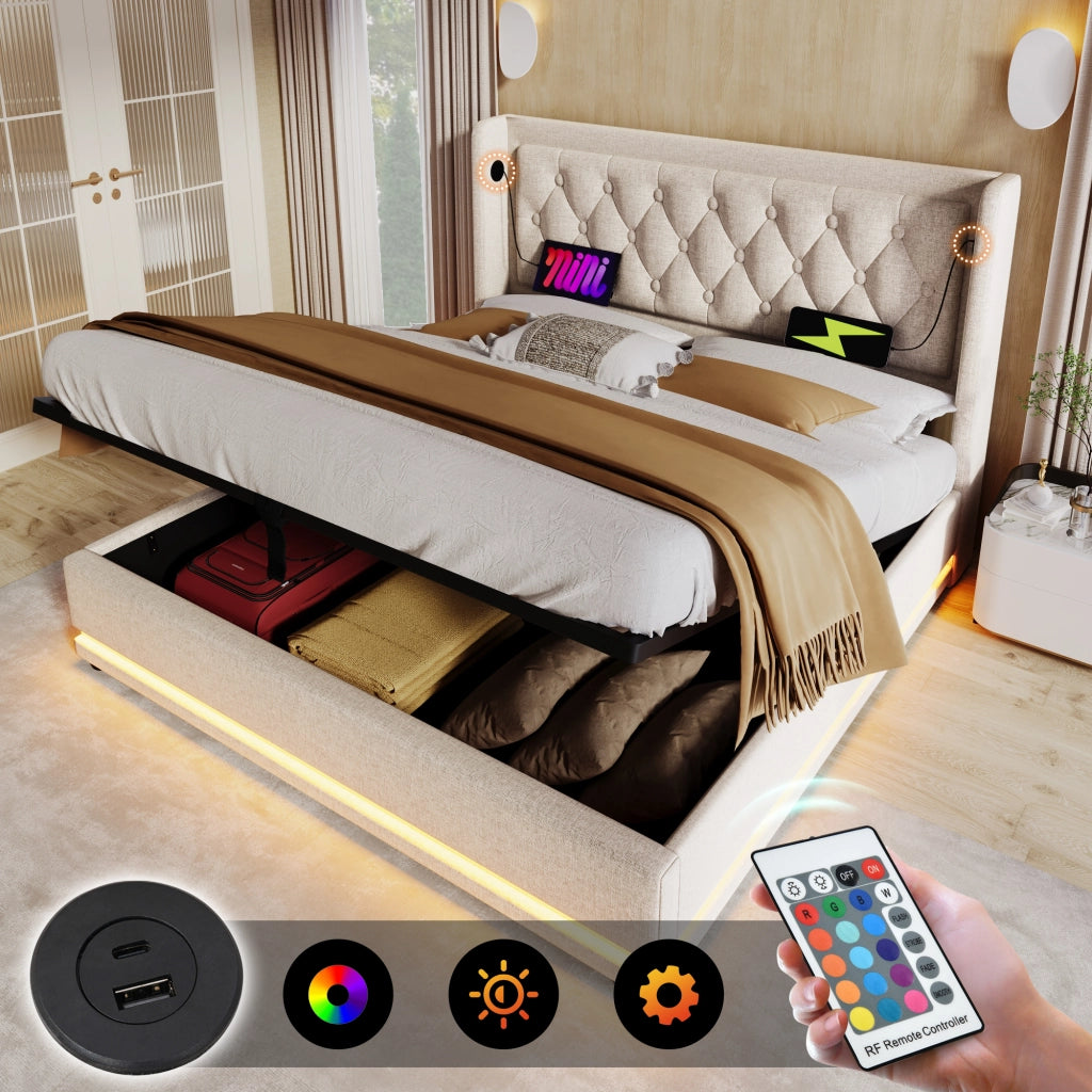 LETTO matrimoniale 160x200 cm beige in cotone con LED, USB e testiera capitonné
