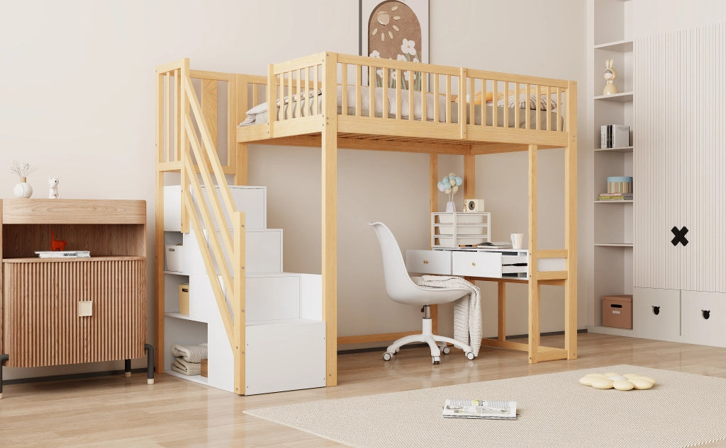 Letto a castello bianco con tavolo multifunzione in legno di pino 90x200 cm