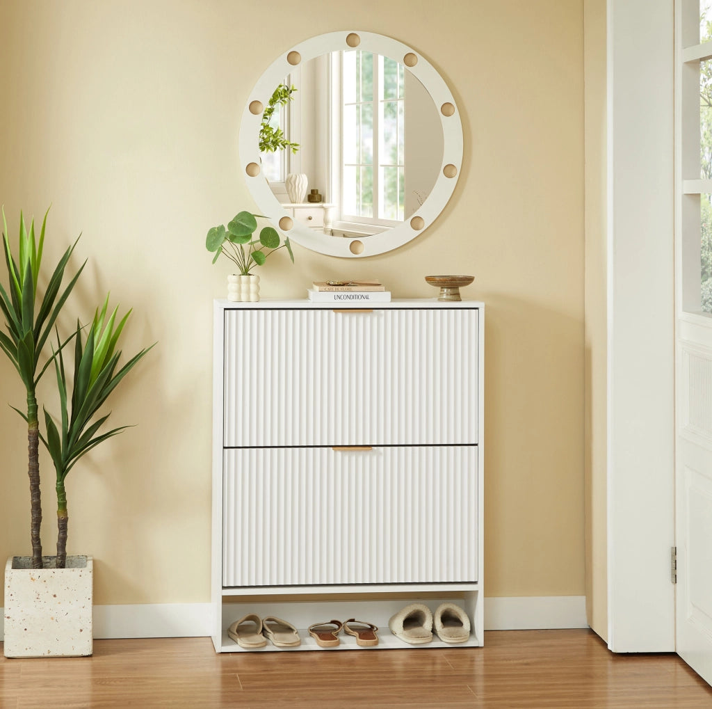 Scarpiera stretta 80x24 cm in MDF bianco con frontale scanalato per ingresso