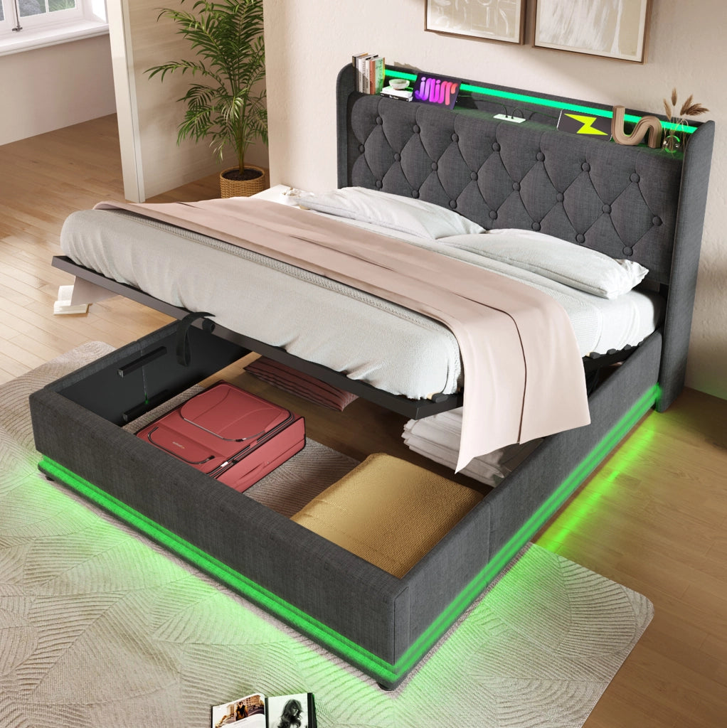 Letto matrimoniale 160x200 cm in lino grigio con LED; contenitore idraulico e ricarica USB Type-C