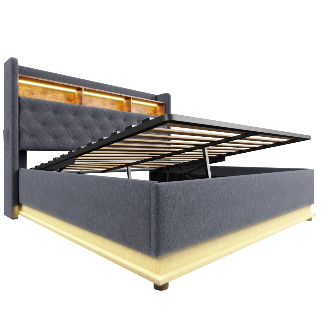 LETTO imbottito LED 180x200 cm grigio con USB e contenitore idraulico