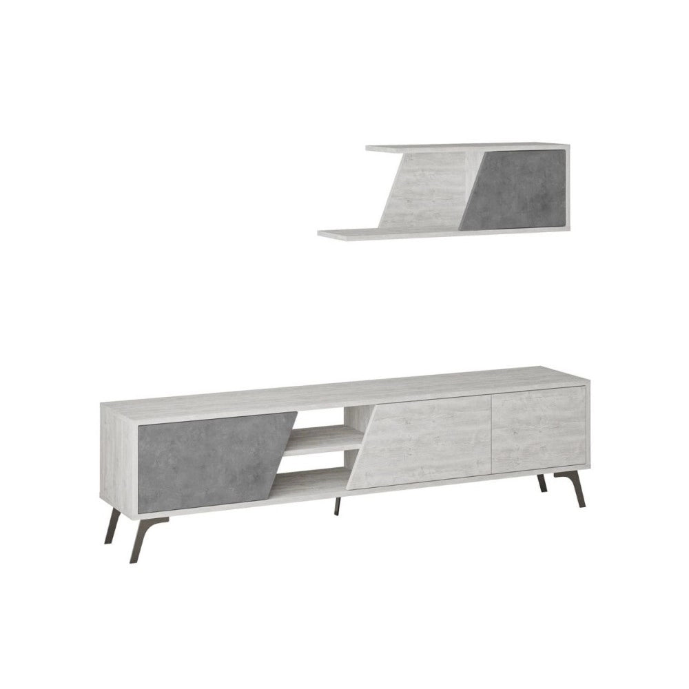 Mobile porta Tv Fiona 180X35,6X48 con mensola a parete colore bianco vintage cemento