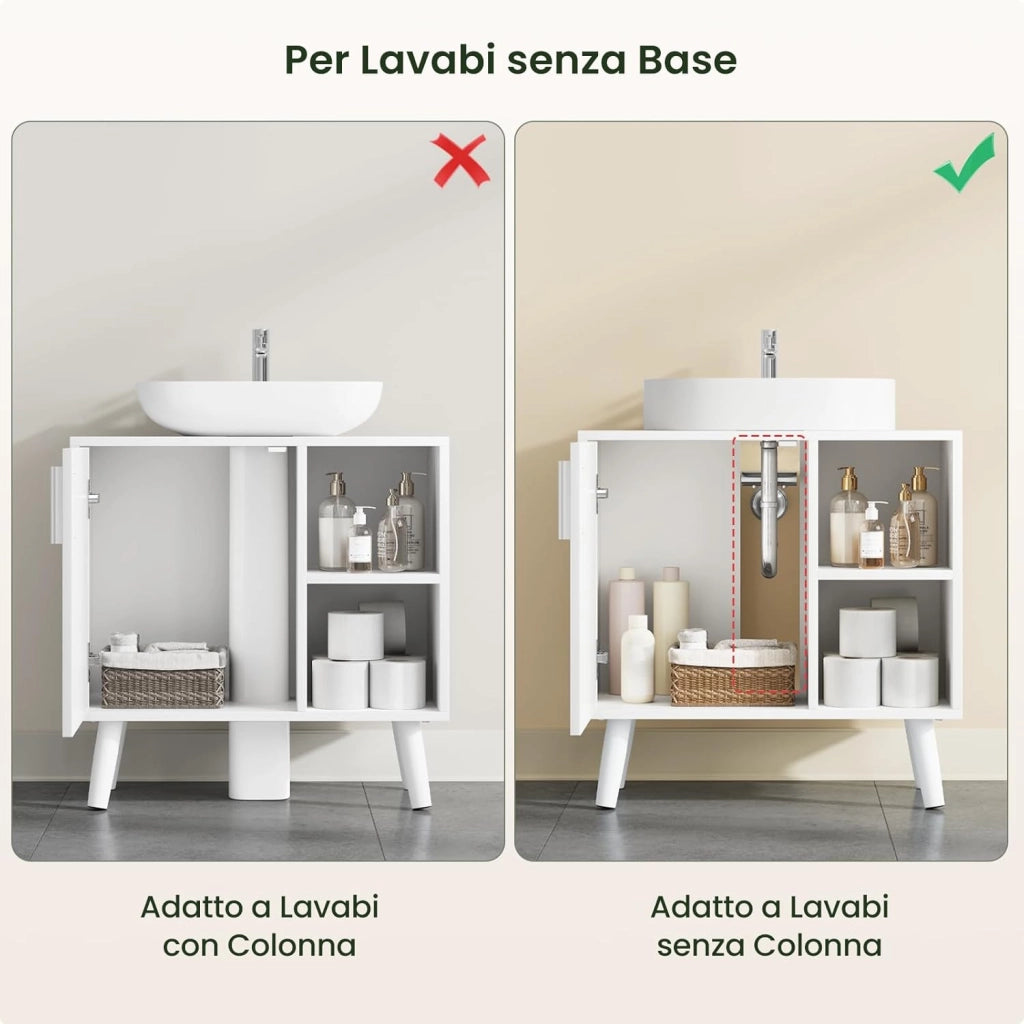 Mobile Bagno con Anta, Lavandino con 2 Vani a Giorno, Mobiletto da Bagno Freestanding, Legno Massiccio, Bianco, 60x30x60 cm