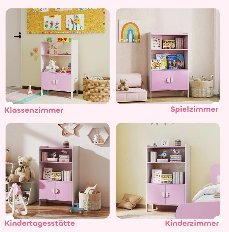 Libreria per bambini rosa con vani aperti e armadietti, 60 x 35 x 100 cm