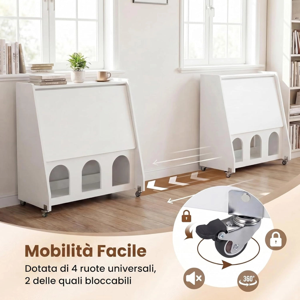 Scrivania Salvaspazio, Scrivania Pieghevole con Ruote, Ripiano Aperto, Ripiani Nascosti e Cuccie per Gatti, Scrittoio Moderno e Multifunzionale per Studio, Salotto e Camera da Letto (Bianco)