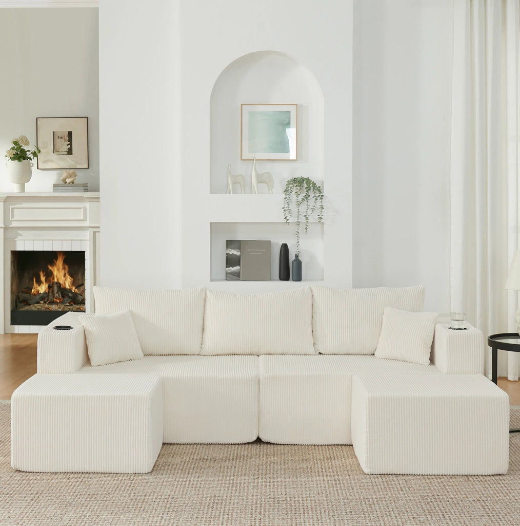 Divano angolare modulare a 3 posti con pouf mobili; tessuto a coste beige