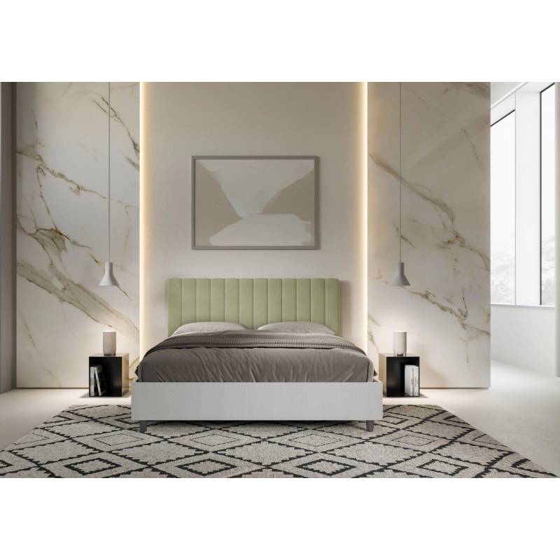 Letto Matrimoniale 160x190 cm struttura bianco frassino testata Kaia - Contenitore,Microfibra,Tè verde