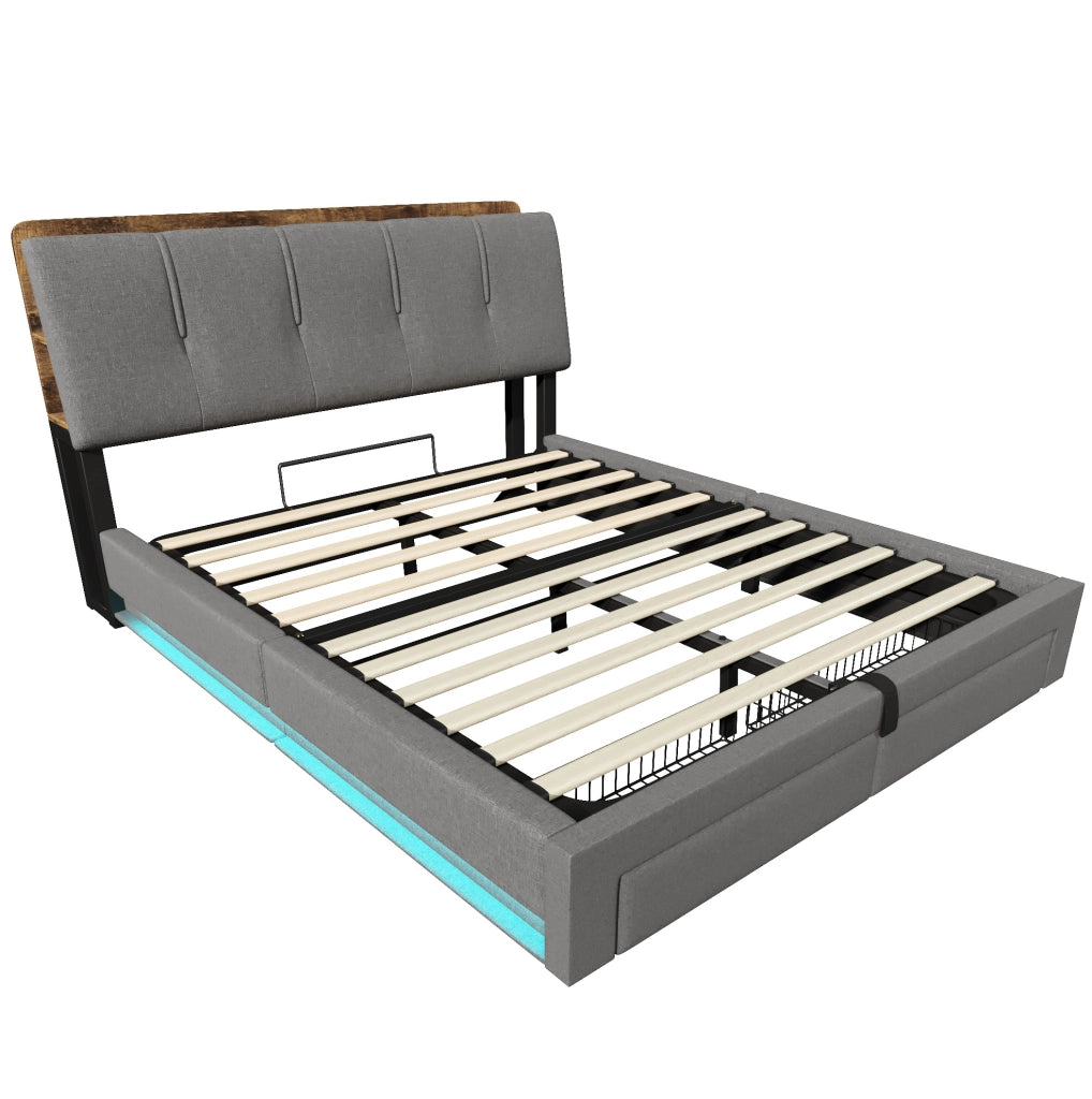 Letto imbottito 140x200 cm in lino grigio con contenitore idraulico; USB-C e LED