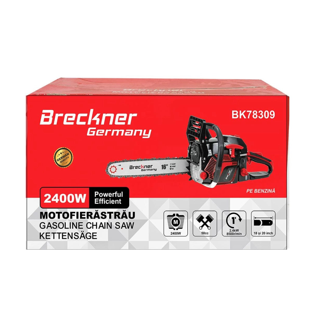 Motosega a benzina con motore a 2 tempi 2.4Kw, 8500rpm. 58cc. con lama 18/20", Motosega a sccoppio Breckner Germany