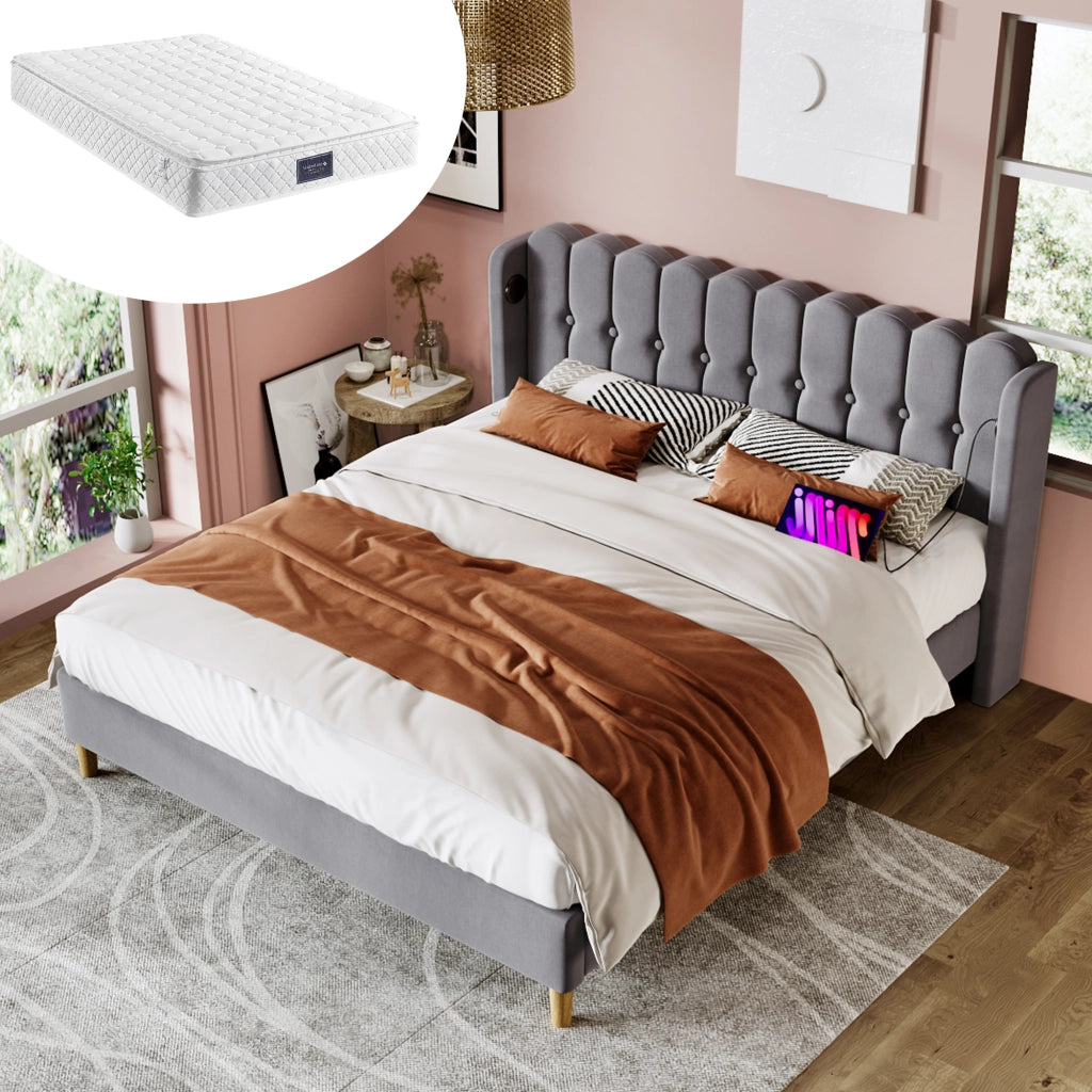 OKWISH Letto Imbottito, Letto Matrimoniale con USB, Tipo C e Testiera Imbottita, 140 × 200 cm, con Materasso, Grigio