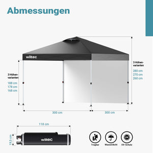 Gazebo pieghevole pop-up grigio, 3 x 3 m con parete laterale e ruote