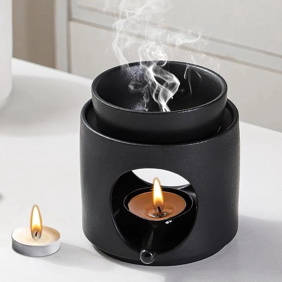 Lampada per Aromaterapia in Ceramica per Olii Essenziali e Geurolie - Lampada con Supporto per Olii Essenziali - Lampada per Ambiente per Rilassamento e Sfumatura - Nero - Accessorio per Aromaterapia