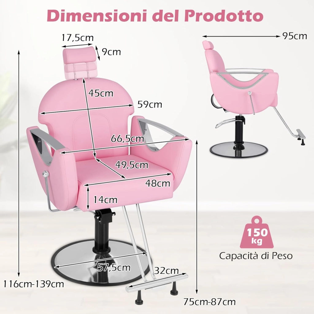 Poltrona da Barbiere Girevole, Sedia da Salone Reclinabile con Altezza Regolabile, Girevole a 360° con Pompa Idraulica, Poggiatesta, Portata 150 kg (Rosa)