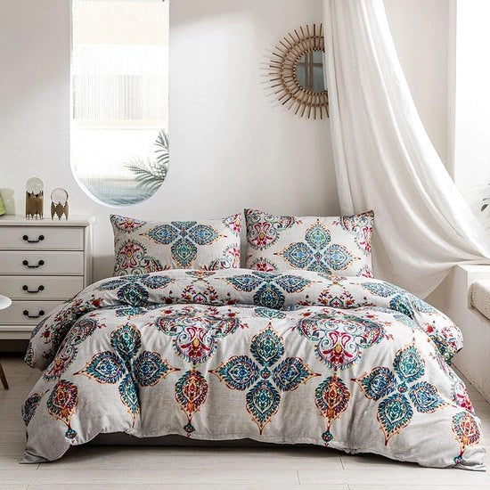 Duvetino bohemiano, 220 x 240 cm, blu turquesa, boho, mandala indiano, coprifuoco a zip nascosto e 2 cuscini a coperta 80 x 80 cm, set di coprifuoco a microfibra morbida, 3 pezzi