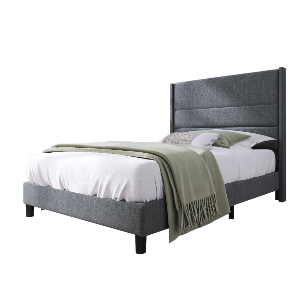 Letto Singolo 90×200 cm; 1 Posto con Testiera Imbottita; senza Materasso; in Lino; Grigio Scuro