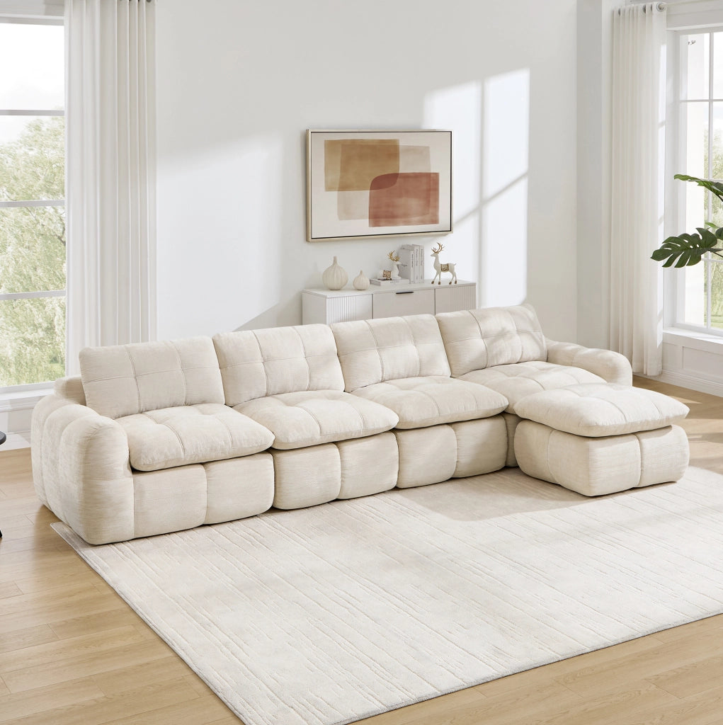 Divano modulare in chenille Beige; 334x160x68 cm