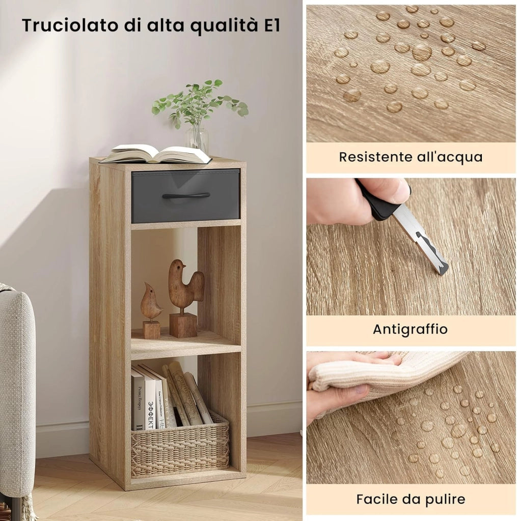 Libreria da Terra, Unità di Stoccaggio a Cubo a 3 Livelli con Cassetto, Unità di Scaffale in Piedi Scaffale a Cubo Aperto, per Studio, Camera da Letto e Soggiorno, Rovere chiaro, SK055hei