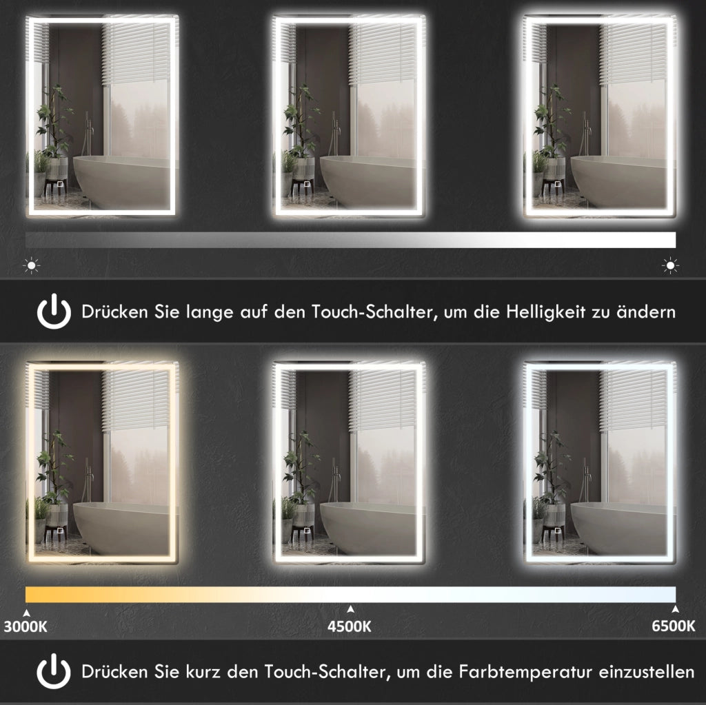 Specchio bagno LED ULEVR 60x80 cm con funzione antiappannamento e comando touch, vetro argento
