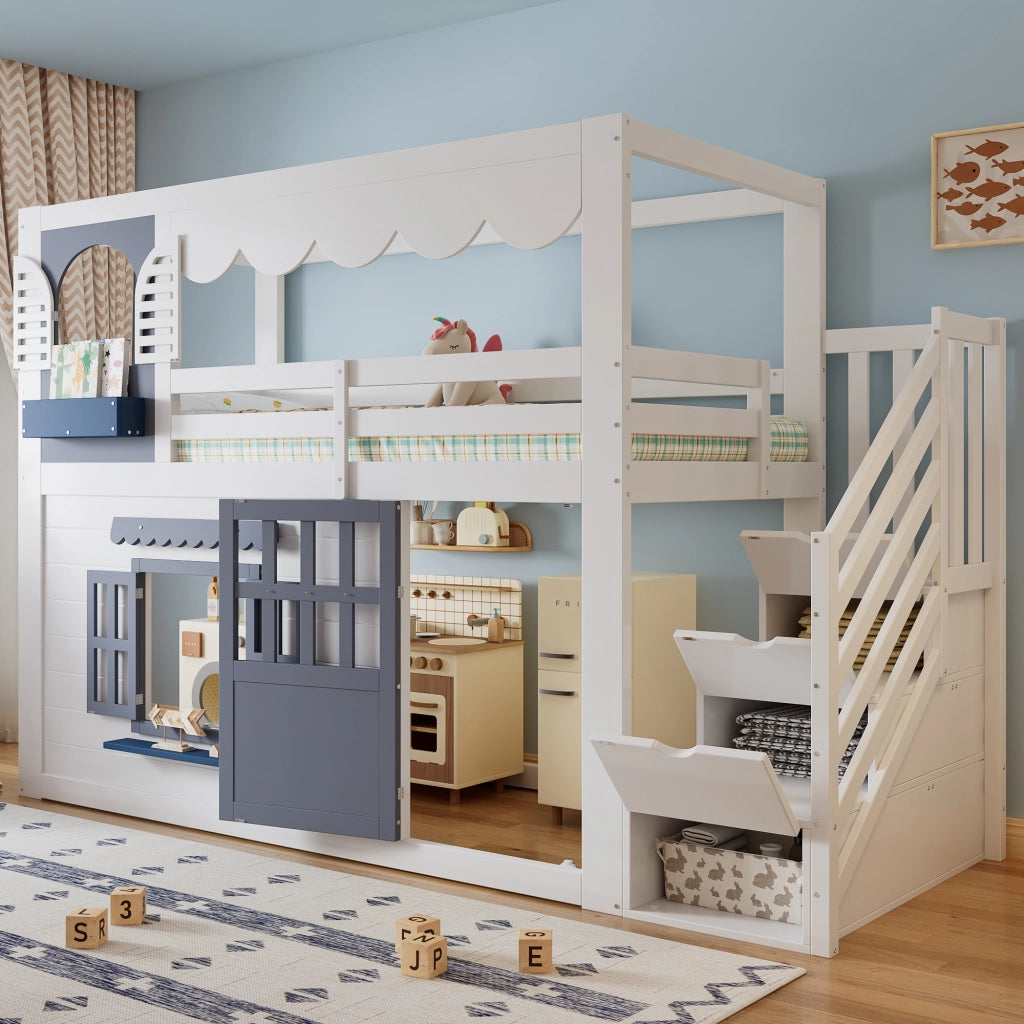 Letto a soppalco per bambini 90×200 cm 1 posto con scala contenitore e porta apribile; senza materasso; bianco e blu