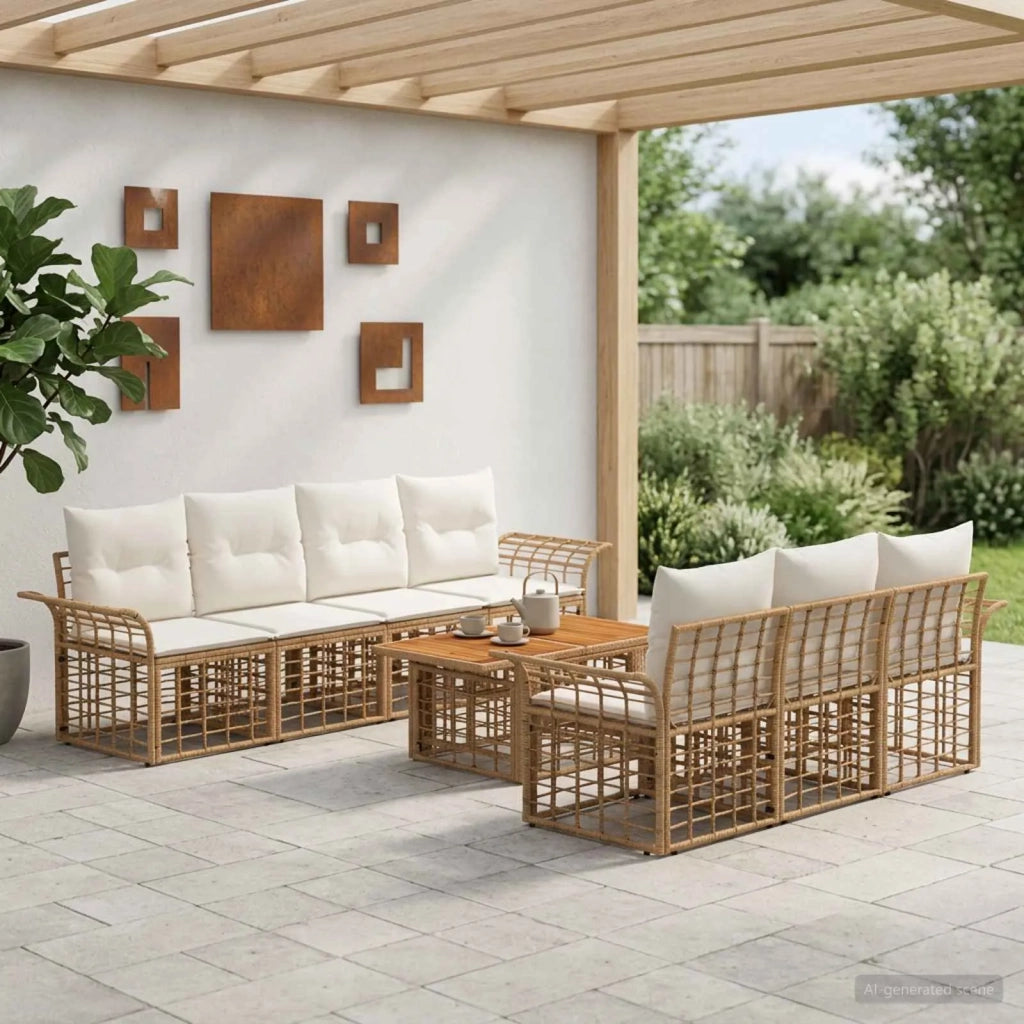 Set Divano da Giardino 8 pz Naturale e Bianco Crema polyrattan 3437954