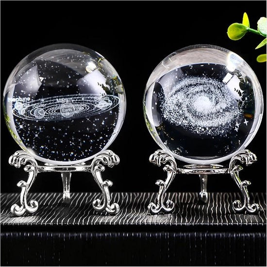 Sistema Solare a 3D con 2 Pianeti Crystallo - Modellino di Cristallo per Bambini - Regalo Astronomico - Sfera di Cristallo con Base in Argento