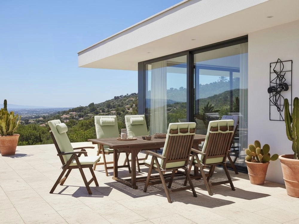 Set da giardino con 6 sedie in legno di acacia marrone scuro con cuscini verde in stile rustico con cuscini