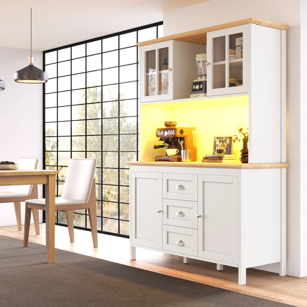 Credenza alta con LED e ripiano aperto, 4 ante, 3 cassetti, MDF e metallo, bianca 120 × 40 × 179 cm