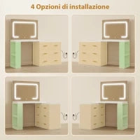 Toeletta da Camera con Specchio e Luci LED Regolabili, 6 Cassetti, 2 Ripiani e Prese Elettriche, Bianco