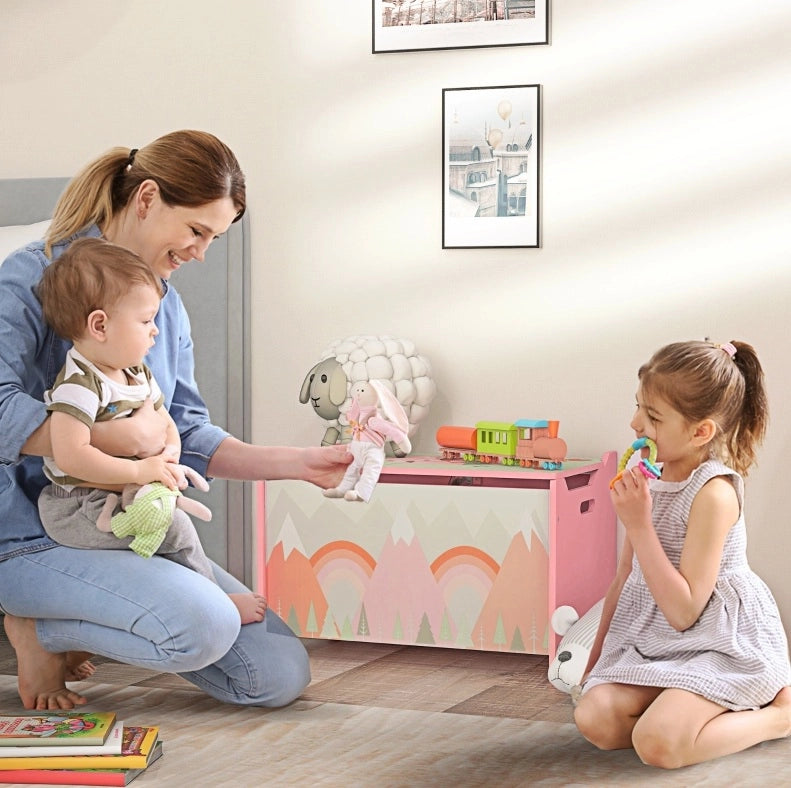 Cassa portagiochi ULEVR 60x37x39 cm con coperchio e cerniera di sicurezza, legno rosa
