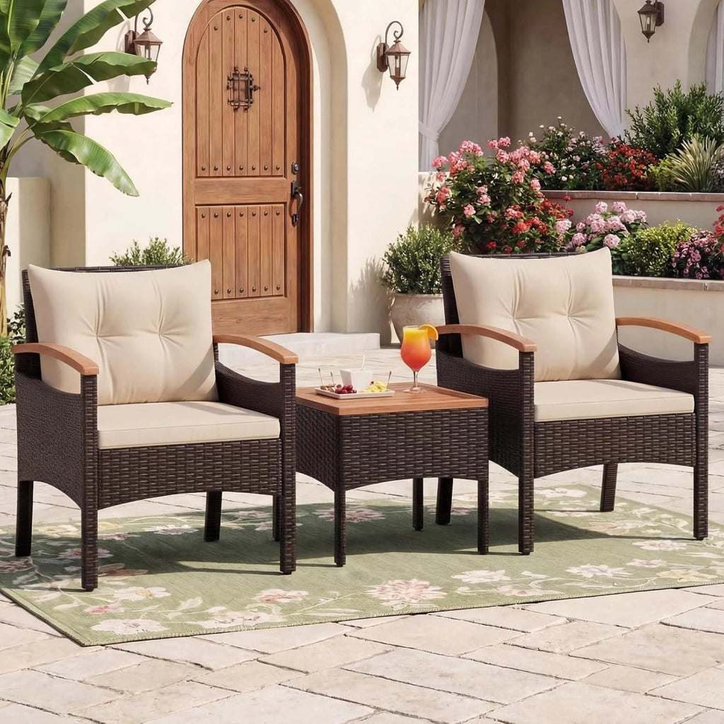 Salotto da Giardino in Rattan PE, Salottino da Esterno 3 Pz, 2 Poltrone con Braccioli e Schienale, 1 Tavolino con Piano in Legno Massello, per Terrazzo, Balcone, Patio (Marrone+Beige)