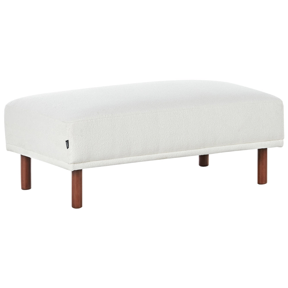 Pouf bianco rettangolare con gambe in in legno di gomma verniciato marrone stile minimalista