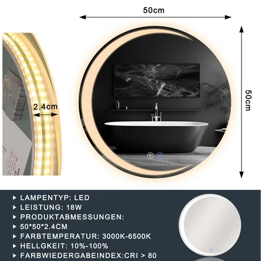 ZMH Specchio da bagno con illuminazione Specchio da parete moderno rotondo IP44 dimmerabile per il bagno